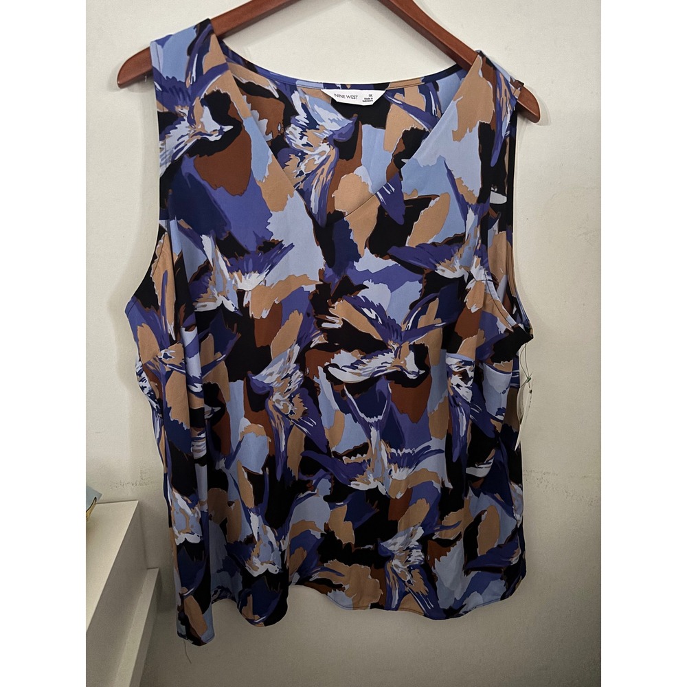 Nine West Womens Plus 1X V-Neck Sleeveless Blouse Blue Abstract Tank Top NWT